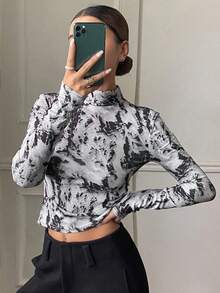 DAZY 女式扎染修身立领长袖T恤 - 黑與白 - 查看 2