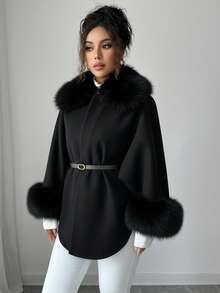 Rafferiza Áo khoác nữ cổ trùm đầu, thắt eo thanh lịch chất lượng cao, thời trang cho mùa thu/đông - màu đen - Xem 7