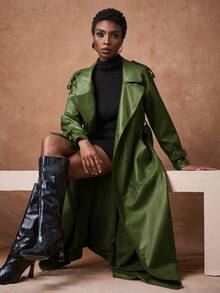 Zivah 2025 秋冬新品，音乐节，毕业季，学院风，学生装，日常休闲，度假，海滩，日光浴，街头风，通勤优雅，翻领 PU 皮革长款大衣，带口袋，棕色 - 綠色 - 查看 5