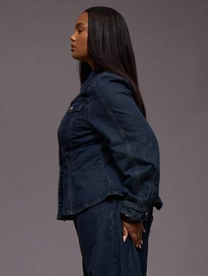 MUSERA Plus Contrast Stitch Cinched Waist Button Through Denim Jacket Everyday Casual Cool Girl Streetwear Uncut
