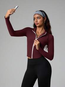 Dewbera Women's Elegant White Autumn Modest Gym Workout Zip-Up Contrast Color Stand Collar Long Sleeve Fitted Yoga Sports Jacket Spandex Cropped Tight Shirt - Burgundy - View 7