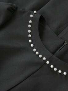 GlowEve CURVE 大码女式优雅圆领派对通勤腰部收紧短袖A字珍珠装饰连衣裙 - 黑色 - 查看 8