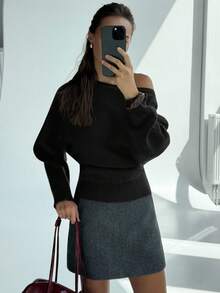 Aloruh 新款性感蝙蝠袖圆领针织毛衣，上衣宽松下衣紧身显瘦，百搭复古酒红色套头衫 - 黑色 - 查看 7