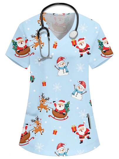 PopScrub 圣诞V领短袖双口袋可爱圣诞老人、圣诞树、雪花、蝴蝶结、星星、驯鹿雪橇、圣诞雪人卡通印花护士/医生工作服/手术服/纯色宠物美容工作服/营养师工作服短袖/多口袋功能性实验室工作服/女士节日功能性圣诞衬衫/圣诞装饰，可爱，欢乐