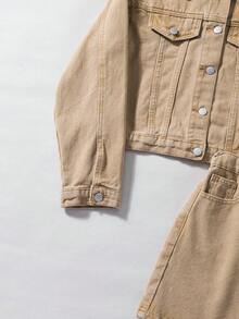 SHEIN 2pcs/Set Teen Y2k Girl Khaki Denim Cropped Jacket & Mini Skirt,Fall Clothes,Winter Clothes ,Street Wear,Back To School Clothes