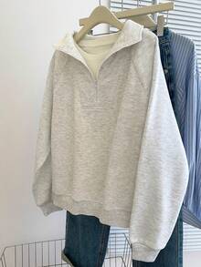 Resyla 女士纯色简约日常半拉链卫衣 - 淺灰色 - 查看 4