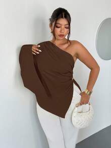 Firerie Plus Size Women's Elegant New Fashion Vacation Daily Single Shoulder Extra Long Sleeve Waist Ruched Slimming Metal Decor Blouse/Valentine's Day/Concert/Performance/Date/Formal Dinner/Prom/Wedding Season/Sexy/Graceful/Commute/Back To School/Vacation/Beach/Romantic Chic/Office Diva/Mermaid Vibe/Birthday Party Asymmetrical Neck Blouse Coffee Brown Top Chocolate Brown Top
