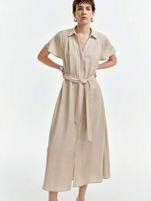 SHEIN Stylify Women's Casual Minimalist High-End Solid Color Linen Blend V-Neck Dress With Shoulder Pleats, Side Pockets, Belt, Relaxed Fit, Suitable For Spring/Summer Daily, Work, And Vacation - Apricot - View 4