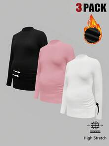 Modmama 3Packs Maternity High Stretch Long Sleeve T-Shirt,Black And White,Autumn,Elegant,Smart Casual,Everyday Mock Neck Solid Turtle Neck Pregnancy Tops - Baby Pink - View 14