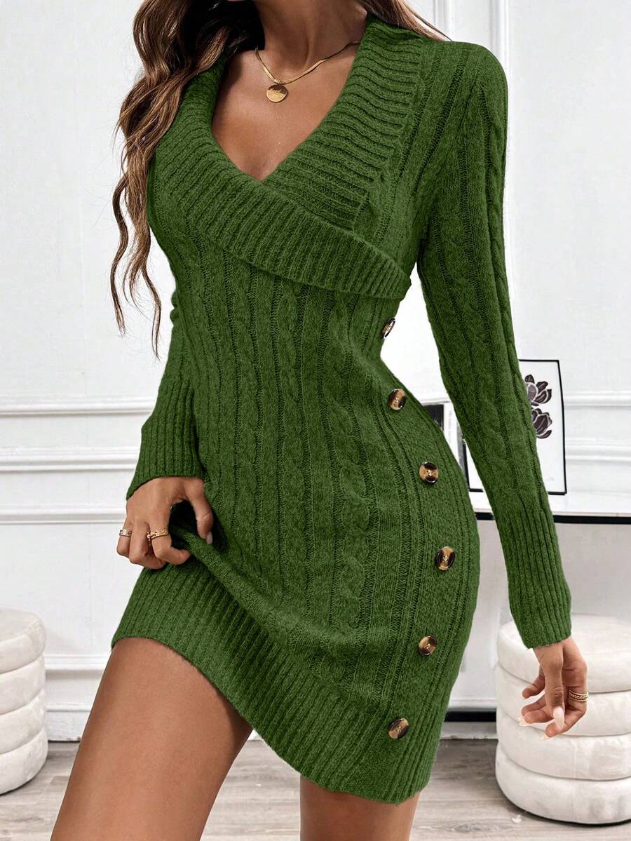SHEIN Unity Collared Knit Long Sleeve Comfortable Sweater Dress - Army Green - View 1