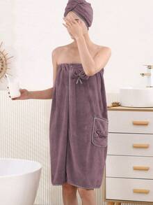 2pcs Women's Simple Applique Soft & Comfortable Bath Robe/Shower Cap Set, Practical & Multifunctional Bath Towel - Bean Paste Applique Skirt Suit - View 9