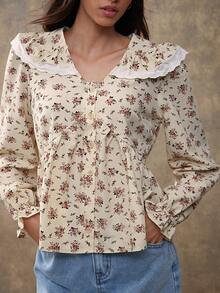 WESTFADE Textured Floral Print V Neck Button Front Long Puff Sleeve Eyelet Ruffle Tiered Peplum Top Fall, Autumn, Winter - Cream - View 5