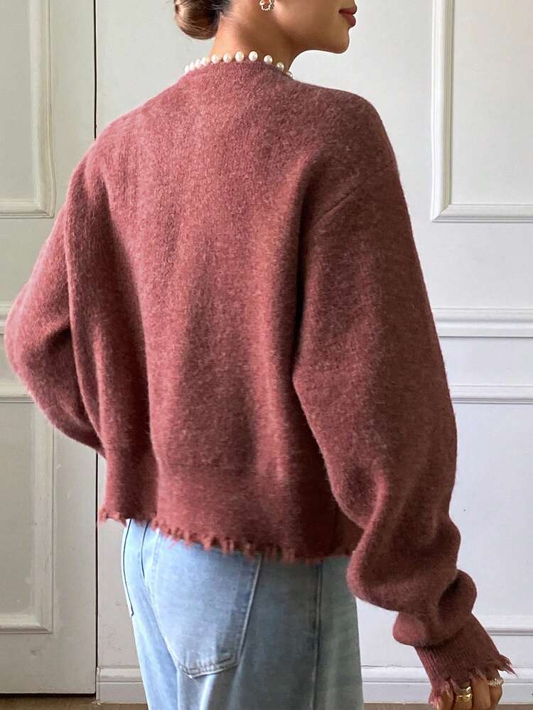 Women's Elegant Pearl Decor Solid Color Cardigan, Autumn