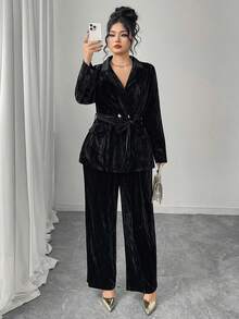 Graceveil 大码纯色天鹅绒长袖西装套装，优雅通勤