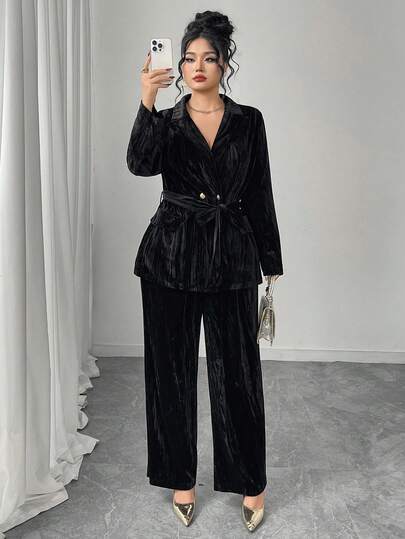 Graceveil Plusstorlek enfärgad sammetskostym med långa ärmar, elegant för pendling