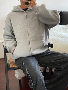 DAZY 女士保暖内衬字母印花宽松休闲连帽长袖街头风卫衣，秋冬款 - 灰色 - 查看 7