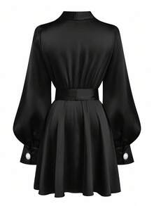 Auvina 优雅灯笼袖 V 领系带腰 A 字形喇叭下摆大码女式连衣裙 - 黑色 - 查看 2