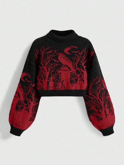 Goth Gotischer, dunkel hochgeschlossener, warmer Raben-Friedhof-Mond-Fledermaus-Zweig-Jacquard-Schwarz-Laternenhüllen-Damen-Pullover