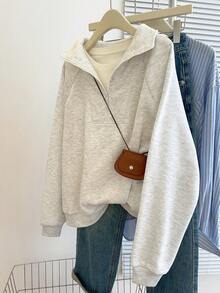 Resyla 女士纯色简约日常半拉链卫衣 - 淺灰色 - 查看 1