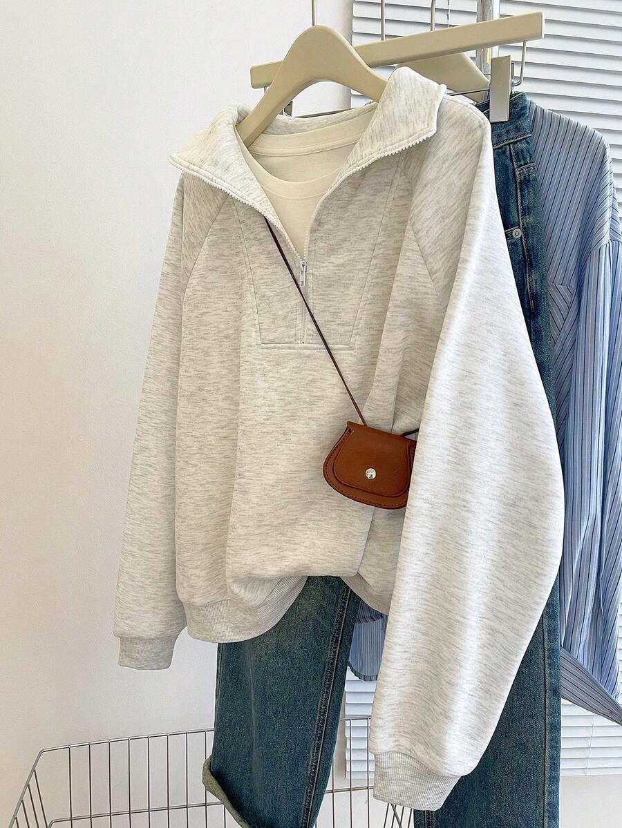 Resyla 女士纯色简约日常半拉链卫衣 - 淺灰色 - 查看 1