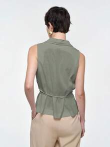 Aalyst Blusa sin mangas con cuello y cinturón de amarre, adecuada para el trabajo y el uso diario, primavera/verano - Verde - Ver 6