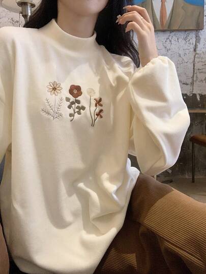DAZY Regular Length Beige Polyester T Shirt For Teen Girls Featuring Funnel Neck Embroidery And Drop Shoulder Long Sleeves