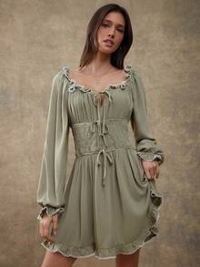 WESTFADE Scoop Neck Bow Front Smocked Waist Long Flare Sleeve Tiered Ruffle Dress Fall, Autumn, Winter, Casual Cute Boho, Nashville Cowgirl, Country Outfit, Western Wear For Women - Olive Green - View 4