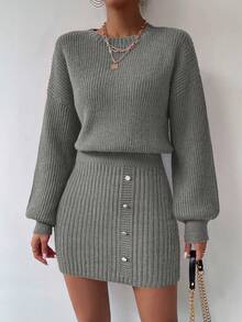 EMERY ROSE Women's Solid Color Round Neck Drop Shoulder Long Sleeve Button Design Fitted Knit Dress, Autumn/Winter - Grey - View 3