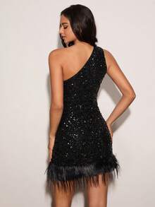 Enchnt 亮片缀饰紧身单肩派对连衣裙 - 黑色 - 查看 8