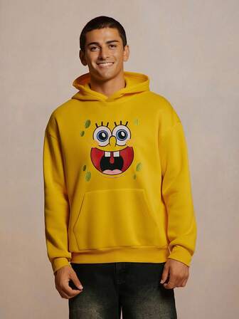SpongeBob SquarePants | SHEIN Men's Casual Cute Cartoon Embroidered Pocket Hoodie, Spring/Autumn