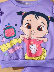 CoComelon X SHEIN 2pcs/Set Baby Girl Cute Cartoon & Letter Graphic Round Neck Ruffle Sleeve Sweatshirt And Sweatpants Knit Casual Sports Outfit, Purple