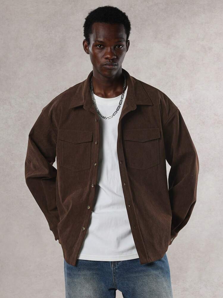 Men's Solid Color Corduroy Casual Shirt, Brown, Commuter Style, Autumn