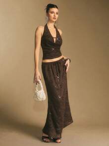 Poéselle 女式低胸亮片设计性感短款露背衬衫