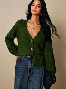 Poéselle Áo len cardigan dệt kim màu trơn cổ chữ V dài tay cài khuy đơn dành cho nữ vào mùa thu/đông Áo len cardigan màu xanh lá cây dành cho nữ Áo len cardigan cài nút dành cho nữ Áo sơ mi màu xanh lá cây dành cho nữ, Quần áo mùa thu dành cho nữ - màu xanh lá - Xem 6