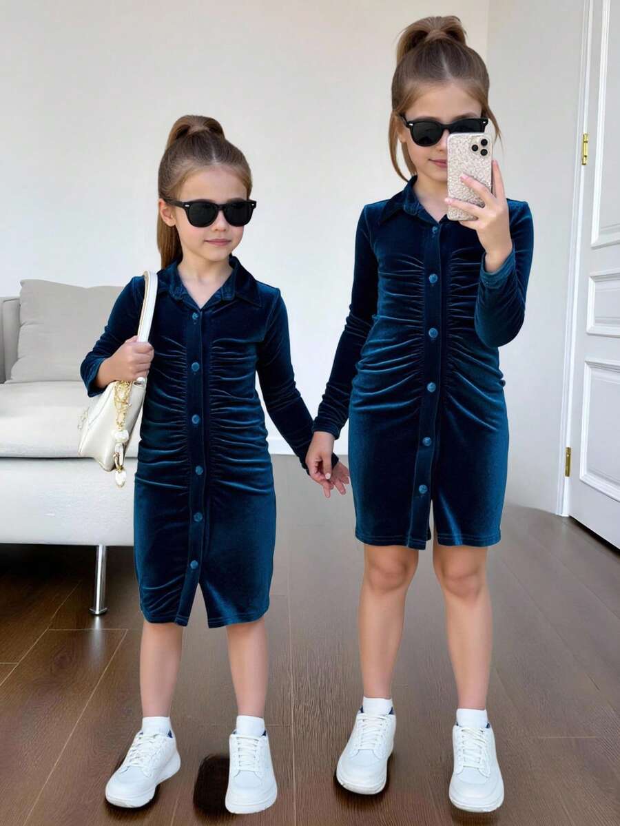 SHEIN Váy xếp ly cổ bẻ màu trơn cho bé gái tuổi mới lớn - Màu xanh lam - Xem 1