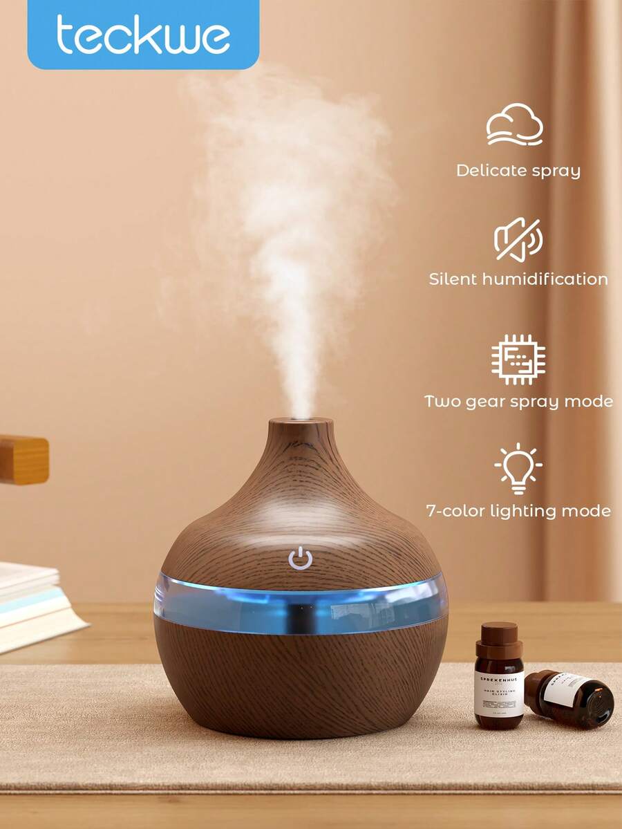 Teckwe Wood Grain Humidifier LED Night Light Mist Maker Air Humidifier Essential Oil Diffuser Small Humidifiers For Bedroom Office Car Home