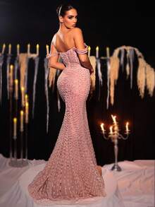 Glamrae 优雅奢华串珠亮片缀饰露肩网眼透视美人鱼尾长裙，适合度假、约会、生日派对、婚礼、毕业典礼、正式晚会 - 藕粉色 - 查看 4