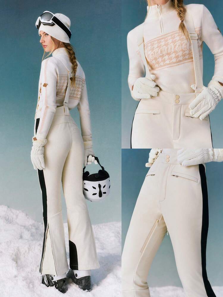 Skiing Collection Glow Soft Stretchy Water-Repellant Thick Durable Zippers Pockets Contrast Stripes Adjustable Straps Flare Leg Relaxed Fit Ski Suspender Bib Pants Autumn Winter Outdoors Skiing Wear