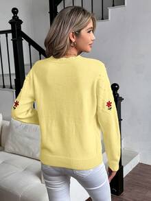 SHEIN LUNE 女士刺绣优雅花卉宽松休闲针织毛衣，适合情人节 - 淡黃色 - 查看 2