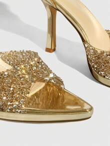 CUCCOO SZL أحذية نسائية جديدة عصرية وجذابة ذات كعب عالي من الذهب اللامع مزينة بالراين ستون، ذات حزام واحد، منصة مقاومة للماء، وأصبع قدم مدبب مناسبة للحفلات والملابس الرسمية