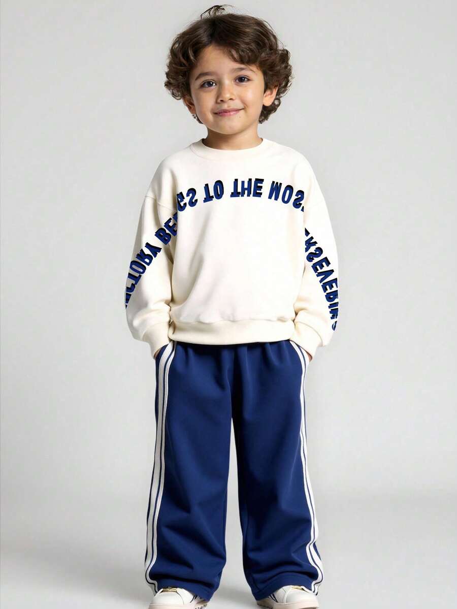 JNSQ 2pcs Young Boy Casual Outfit Set, Loose Fit Crew Neck Long Sleeve Letter Print Sweatshirt Top Paired With Relaxed Fit Long Sweatpants, Suitable For Autumn, Winter Daily Wear, Outdoor Activities, Vacation, Streetwear, Party And Leisure Fall - Multicolor - View 1