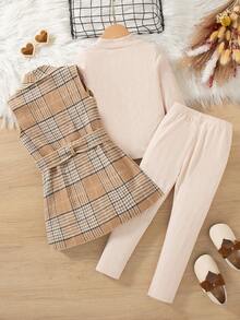 3 件套幼儿女童春秋新款提花针织仿针织高领长袖简约 T 恤、休闲打底裤、格子翻领长款背心夹克（配腰带）、百搭家居服和通勤装 - 卡其色 - 查看 2