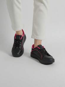 Tenis para hombre piel sintética cómoda punta redonda con agujeta suela gruesa estilo urbano casual para diario - Negro - Ver 3