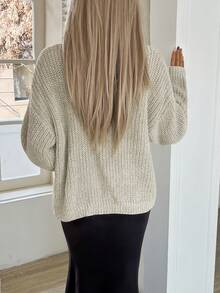 Livesso Áo khoác cardigan dệt kim cổ tròn dáng rộng thoải mái cho nữ, màu trơn đơn giản, phù hợp mặc công sở, mùa thu/đông - Rượu sâm banh - Xem 5