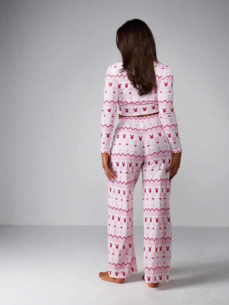 Missguided x Playboy Christmas Fairisle Print Pointelle Henley Wide Leg Lounge Set