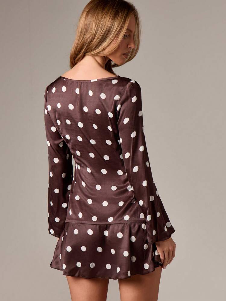 AiiRZ Polka Dot Long Sleeve Ruffle Hem Mini
