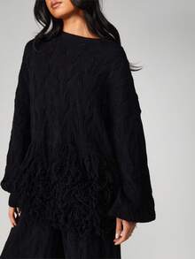 MISSGUIDED Oversized Cable Knit Sweater With Fringe Hem Detail Long Sleeve Chunky Pullover Jumper Fall Winter - Black - View 4