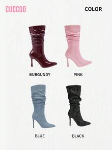 CUCCOO SZL 女士时尚尖头细高跟酒红色中筒靴，褶皱性感派对踝靴 - 酒紅色 - 查看 13
