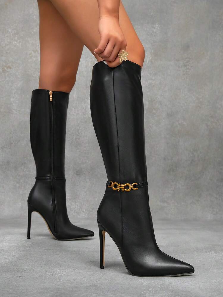 CUCCOO SZL Women Sexy Metal Buckle Decor Pointed Toe Stiletto Heel Casual Versatile Side Zipper Black Knee High Boots, Suitable For Christmas, New Year's Eve Party, Date Night, Spring Casual Wear