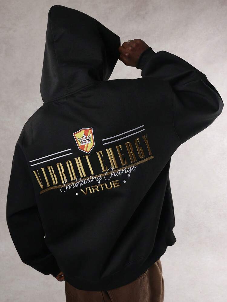 Men's Letter Embroidered Thermal Lined Hoodie, Autumn/Winter